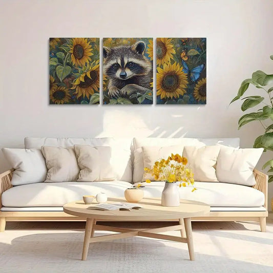 3pcs Contemporary Raccoon & Sunflowers Metal Print Ready to Hang Art