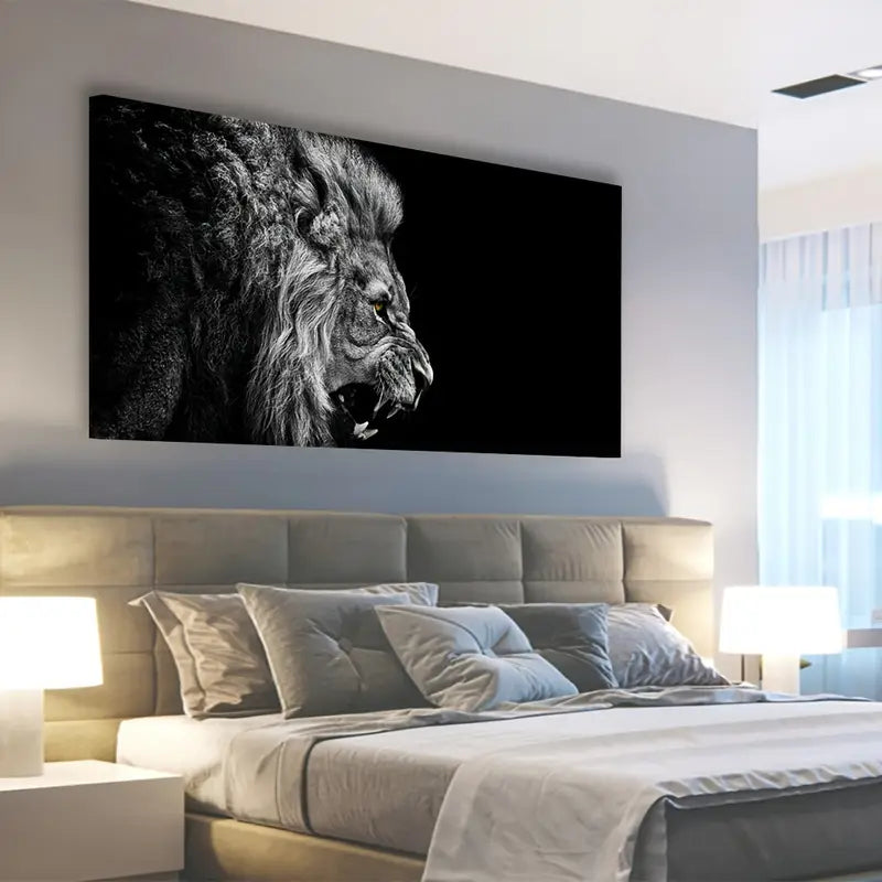 Modern Black White Lion Wall Art canvas office home room framed 120x60cm