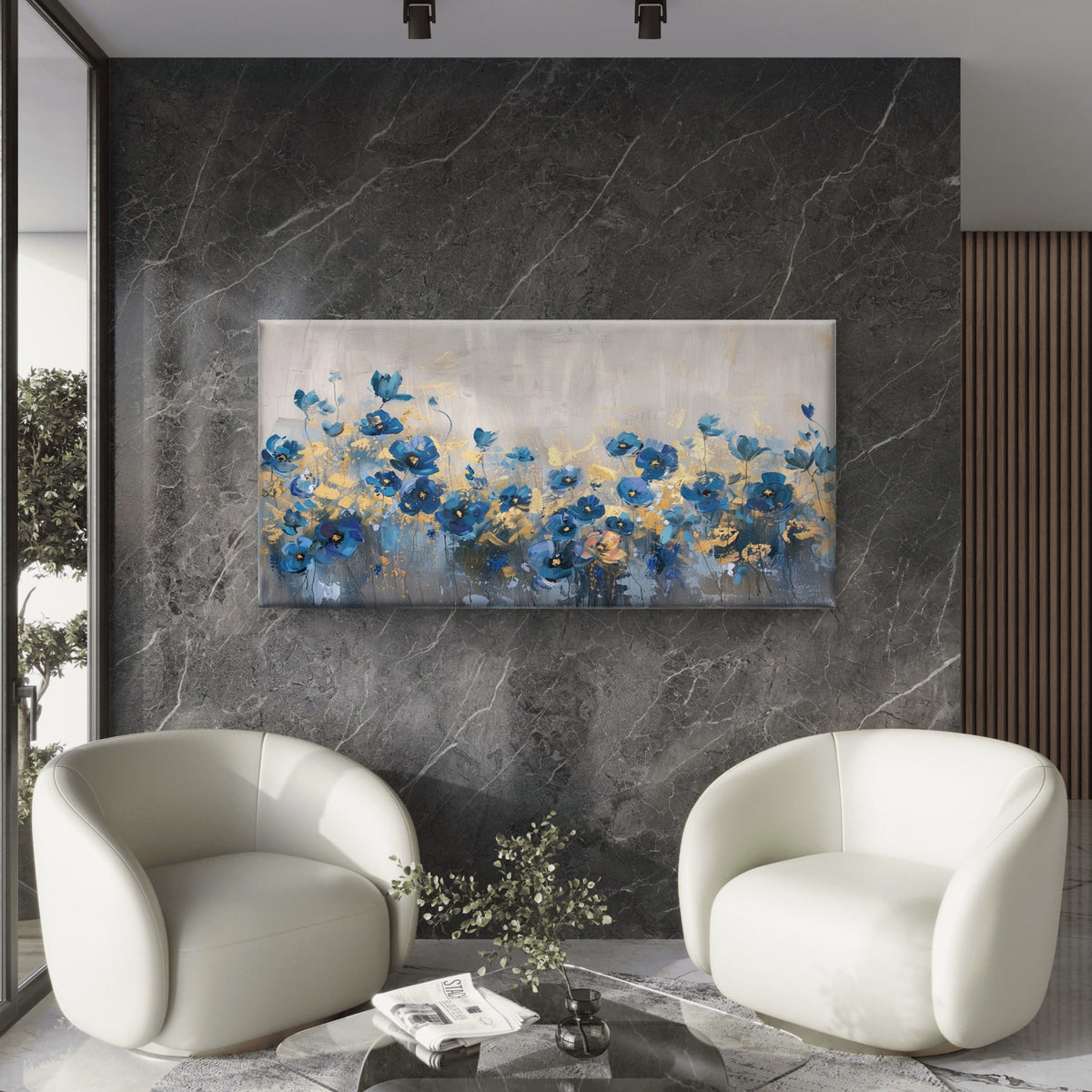 Blue Floral Gold Painting Wall Art Canvas Office Home Room Framed 80x45cm
