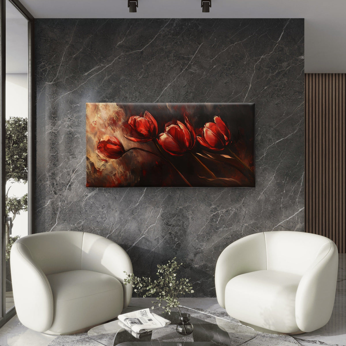Red Tulips Dark Floral Painting Wall Art Canvas Office Home Room Framed 80x45cm