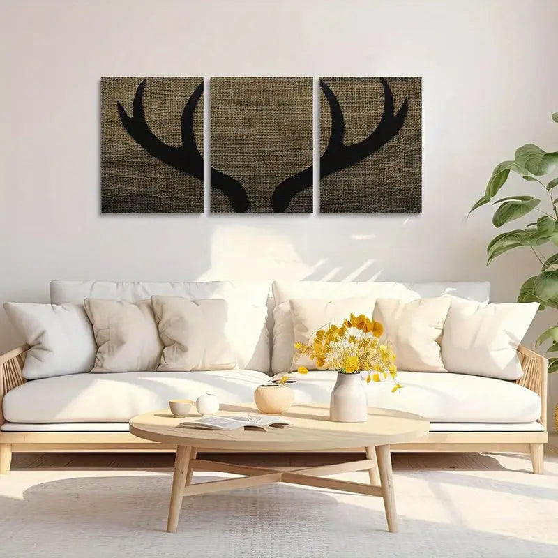 3pcs Majestic Two-Pointed Antlers on Burlap Backdrop Metal Print Ready to Hang Art