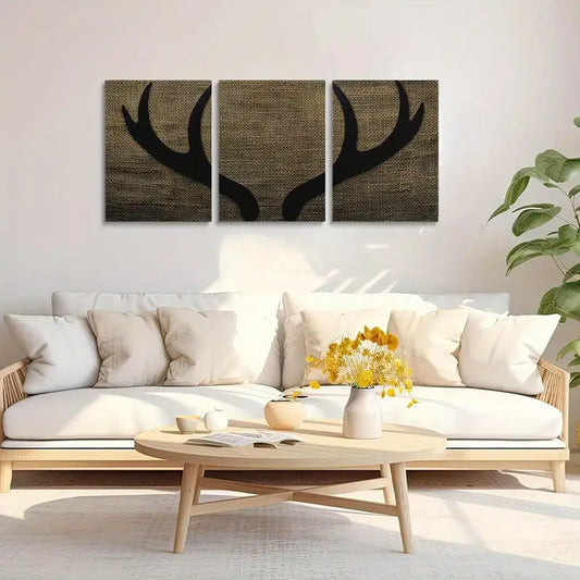 3pcs Majestic Two-Pointed Antlers on Burlap Backdrop Metal Print Ready to Hang Art