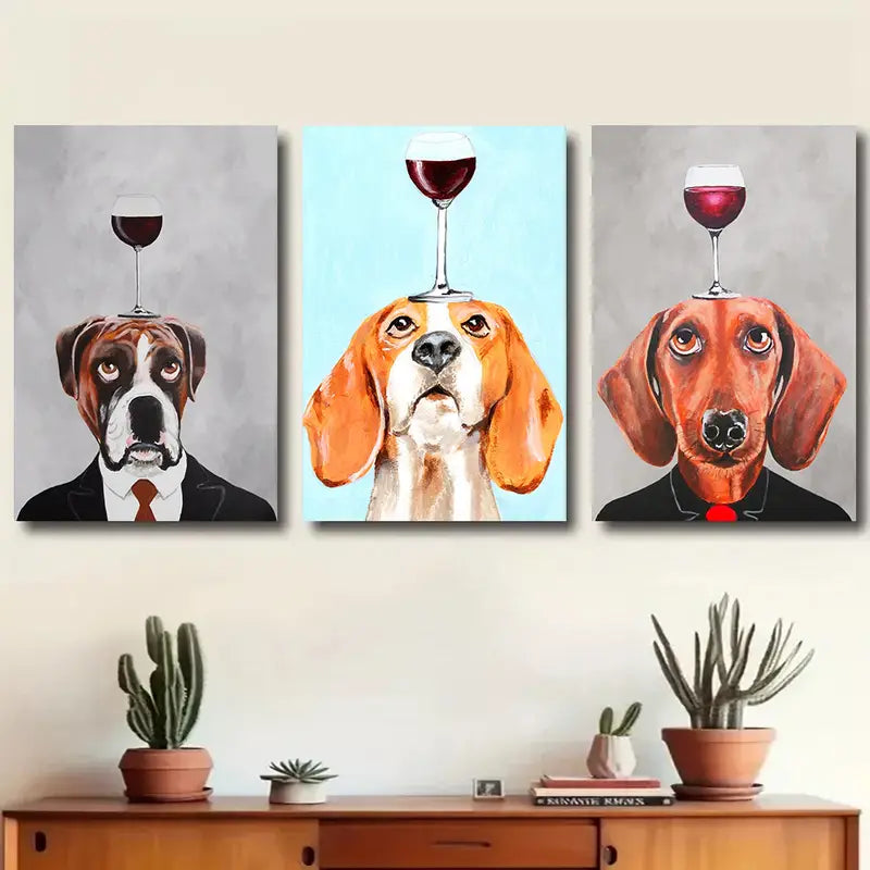 3pcs Featuring Dogs in Suits with Wine Glasses on Their Heads Metal Print Ready to Hang Art