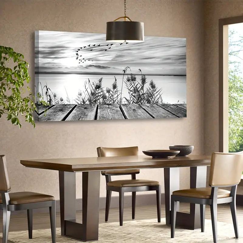 Black & White Sunset Lake Flying Birds Wall Art canvas office home room framed 120x60cm