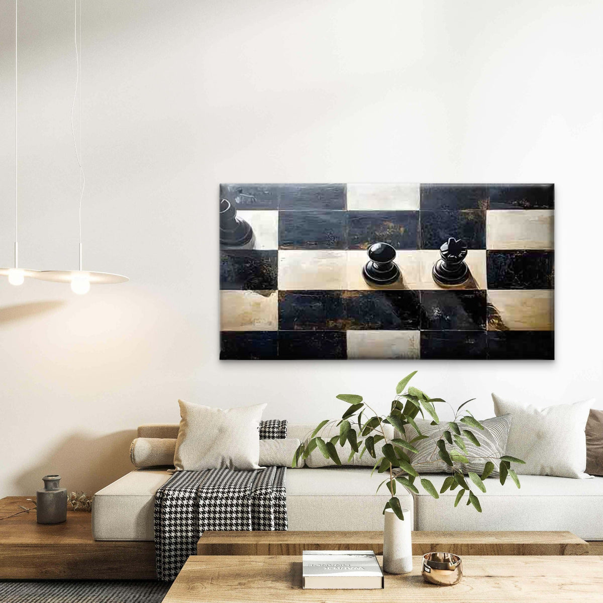 Black and White Chessboard Wall Art Canvas Office Home Room Framed 80x45cm