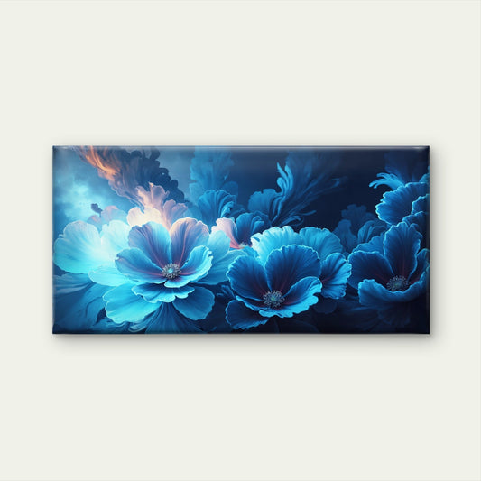Neon Blue Floral Abstract Wall Art Canvas Office Home Room Framed 80x45cm