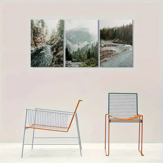 3pcs Mountain River Triptych with Forest Mountain Metal Print Ready to Hang Art
