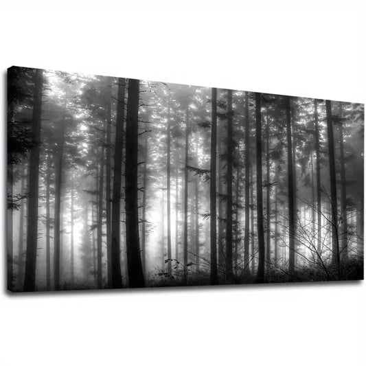 Black & White Foggy Forest Big Trees Nature Wall Art canvas office home room framed 120x60cm