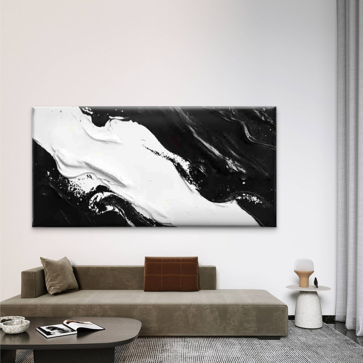 Bold Black & White Waves Design Wall Art Canvas Office Home Room Framed 80x45cm