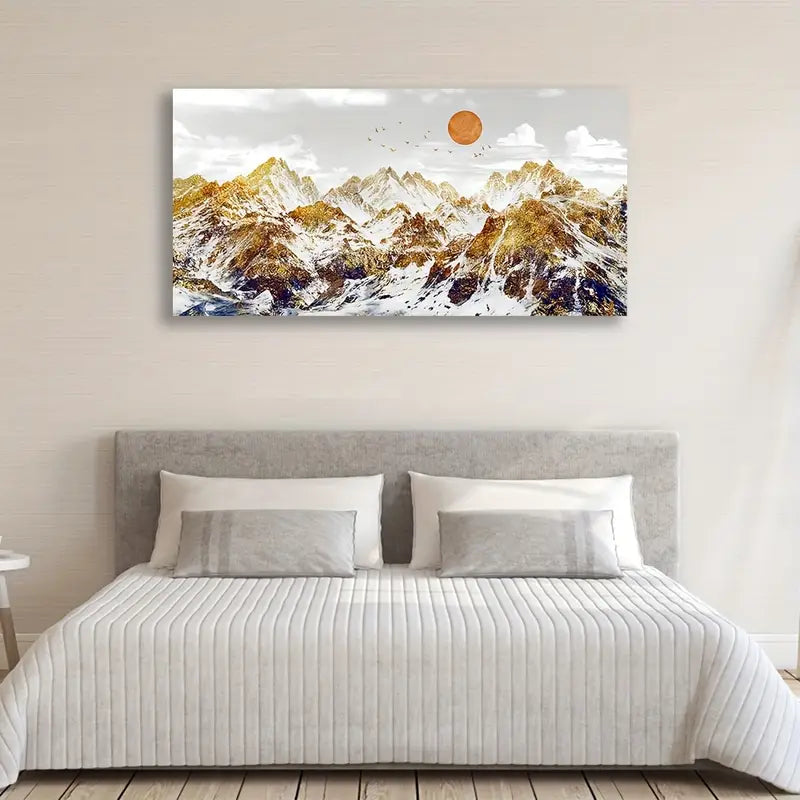 Abstract Winter Mountain Earth Toned Snowy Wall Art canvas office home room framed 80x45cm