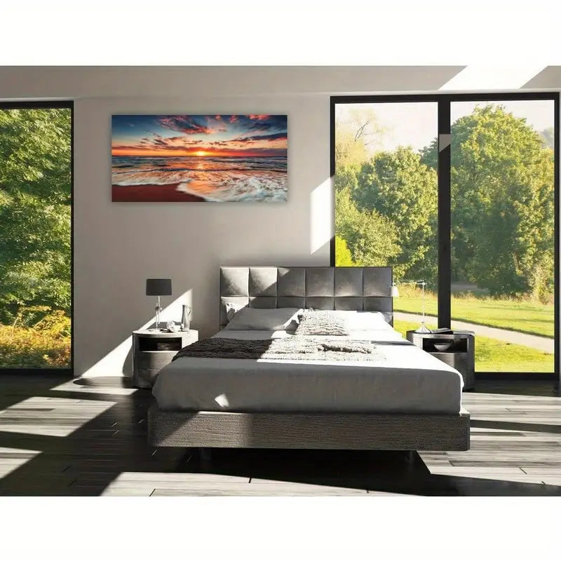 Blue Sea Beach Sunrise Ocean Waves Wall Art canvas office home room framed 80x45cm