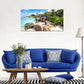 Beach Tropical Coconut Trees Sandy Shore Turquoise Waters & Lush Greenery Wall Art canvas office home room framed 120x60cm