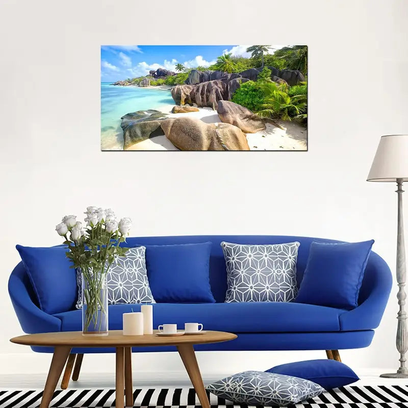Beach Tropical Coconut Trees Sandy Shore Turquoise Waters & Lush Greenery Wall Art canvas office home room framed 120x60cm