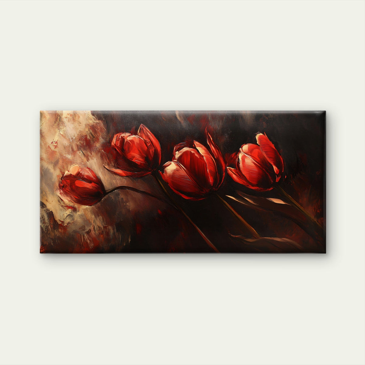 Red Tulips Dark Floral Painting Wall Art Canvas Office Home Room Framed 80x45cm