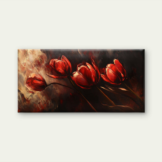 Red Tulips Dark Floral Painting Wall Art Canvas Office Home Room Framed 80x45cm
