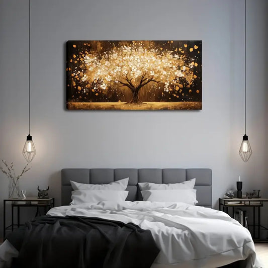 Elegant Tree With White Golden Wall Art Canvas Office Home Room Framed 120x60cm