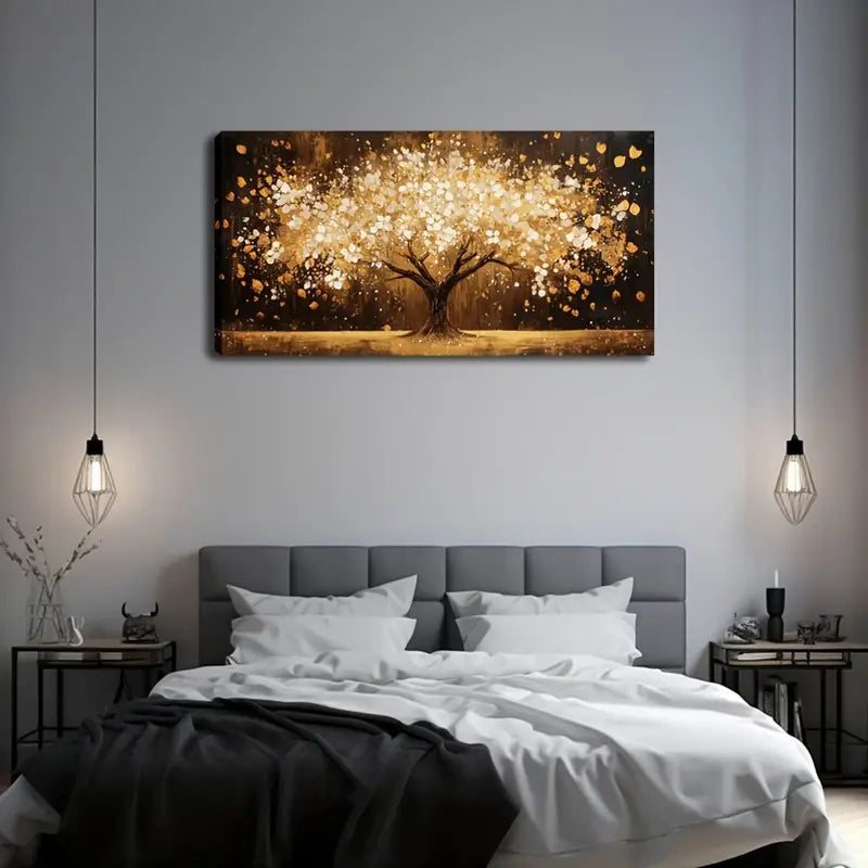 Elegant Tree With White Golden Wall Art Canvas Office Home Room Framed 80x45cm