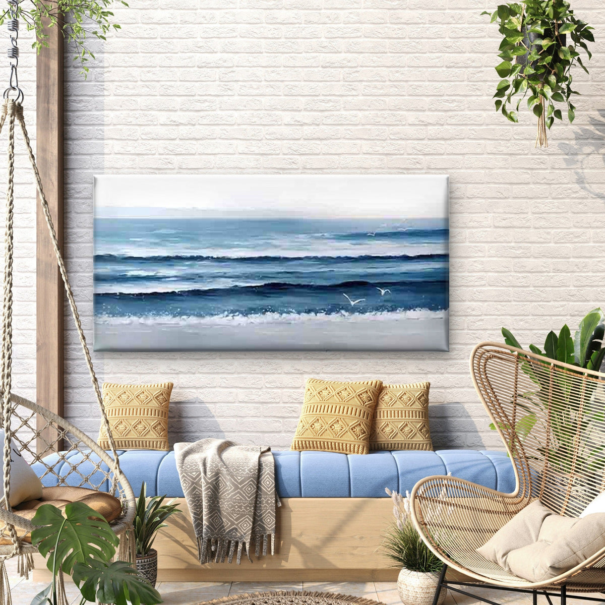 Blue Ocean Waves & Seagulls Wall Art Canvas Office Home Room Framed 120x60cm