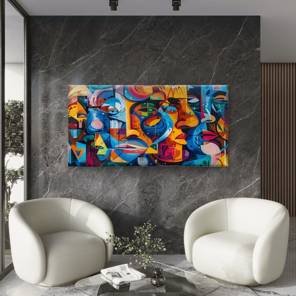 Abstract Faces in Bright Colors Wall Art Canvas Office Home Room Framed 120x60cm