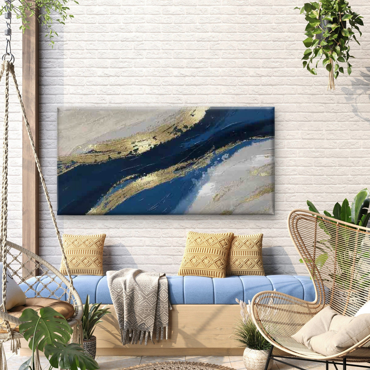 Abstract Blue & Golden Wall Art Canvas Office Home Room Framed 80x45cm