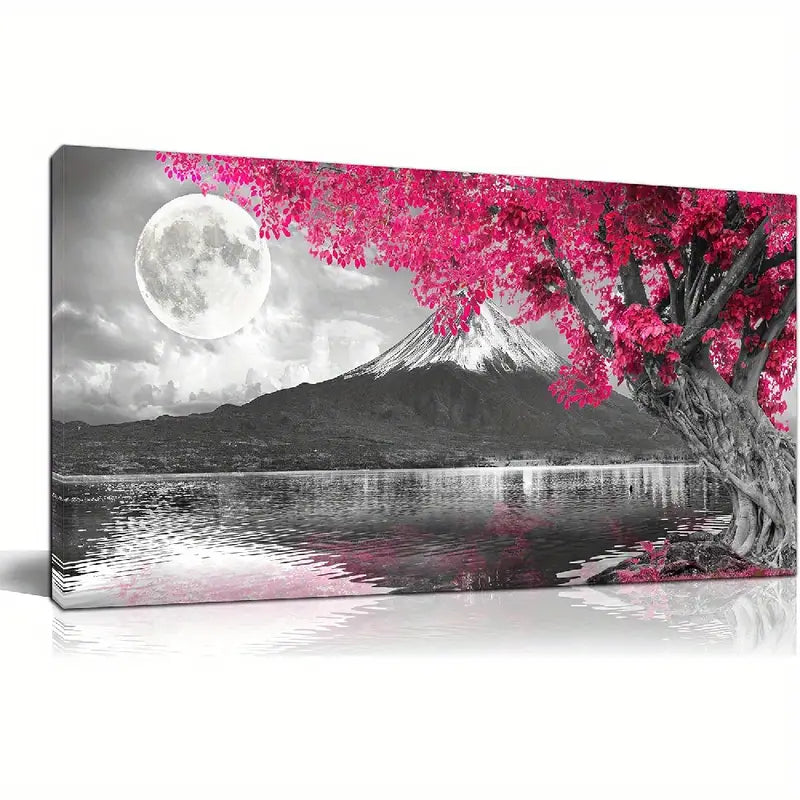 Pink Tree Night Sky Full Moon Mountain Wall Art canvas office home room framed 80x45cm