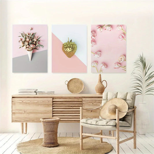 3pcs Modern Sweet Pink Flowers Golden Strawberry Metal Print Ready to Hang Art
