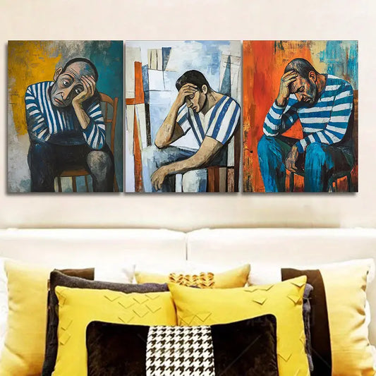 3pcs Striped Shirt Man Painting Metal Print Ready to Hang Art