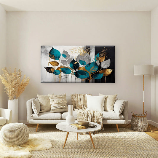 Modern Abstract Teal Gold Foil Leaves Wall Art Canvas Office Home Framed 80x45