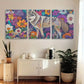 3pcs Vibrant Nature with Majestic Gray Wolf Colorful Flowers Metal Print Ready to Hang Art