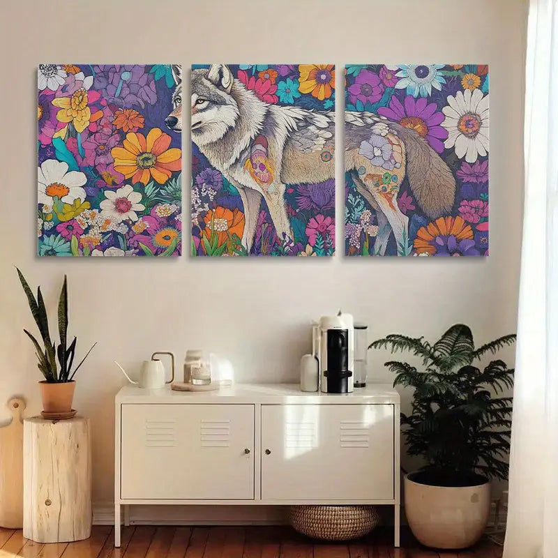 3pcs Vibrant Nature with Majestic Gray Wolf Colorful Flowers Metal Print Ready to Hang Art