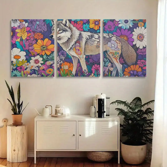 3pcs Vibrant Nature with Majestic Gray Wolf Colorful Flowers Metal Print Ready to Hang Art