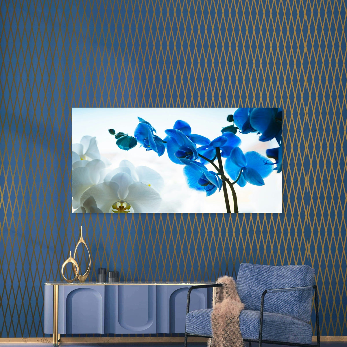 Blue And White Orchid Flowers Wall Art Canvas Office Home Room Framed 120x60cm