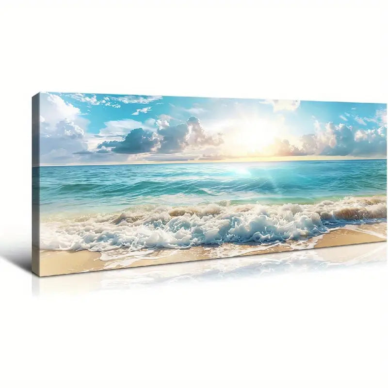Blue Waves Beach Sunset Blue Sky Wall Art canvas office home room framed 120x60cm