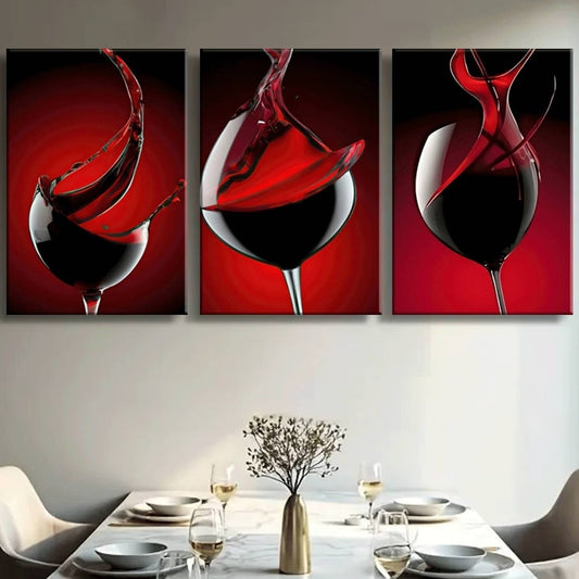 3pcs Black and White with Red Wine Glass Metal Print Ready to Hang Art