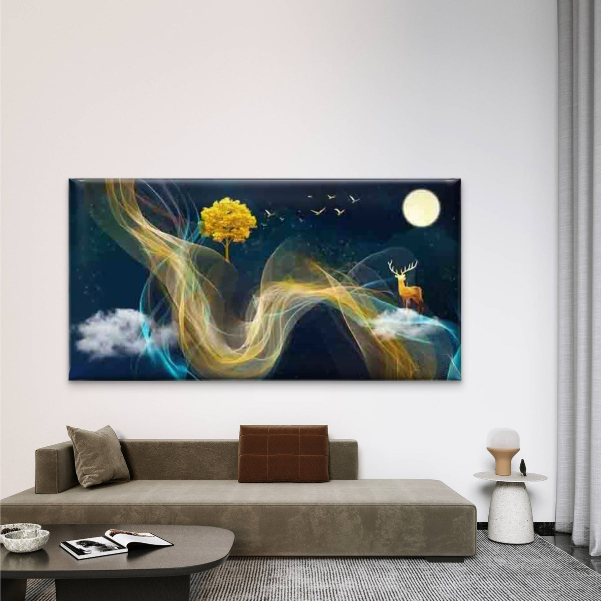 Night Sky Deer Tree Wall Art Canvas Office Home Room Framed 80x45cm