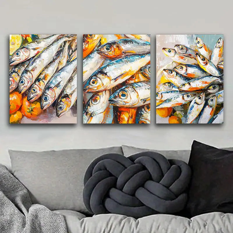 3pcs Featuring a Detailed View of Sardines on a Table Metal Print Ready to Hang Art