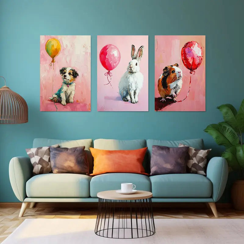 3pcs Balloons & Puppy, Guinea Pig, Rabbit Classic Design Metal Print Ready to Hang Art