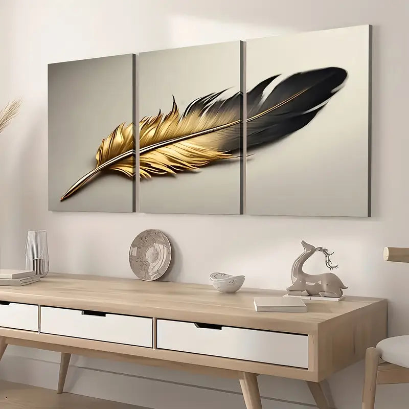3pcs Modern Fashion Golden Feather Light Luxury Art Wall Art Set Canvas Framed 40x60cm - High Quality Print 100% Australian Made Wall Canvas Ready to Hang