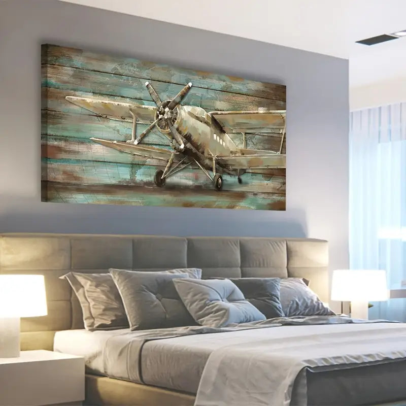 Vintage Airplane Retro Propeller Aircraft Wall Art canvas office home room framed 120x60cm