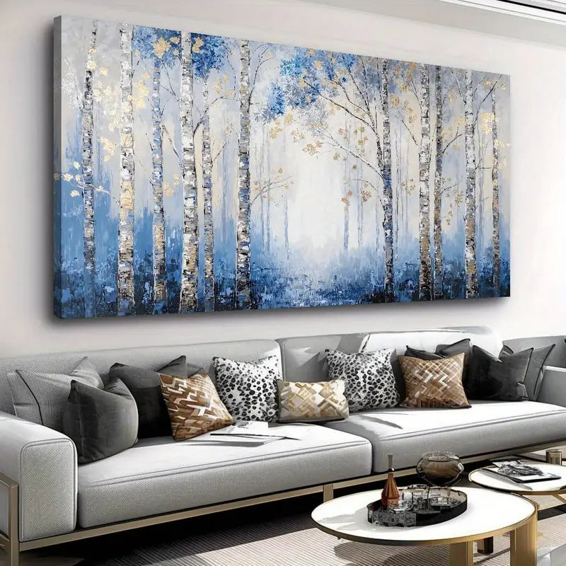 Forest Modern Nature Blue & White Wall Art canvas office home room framed 120x60cm