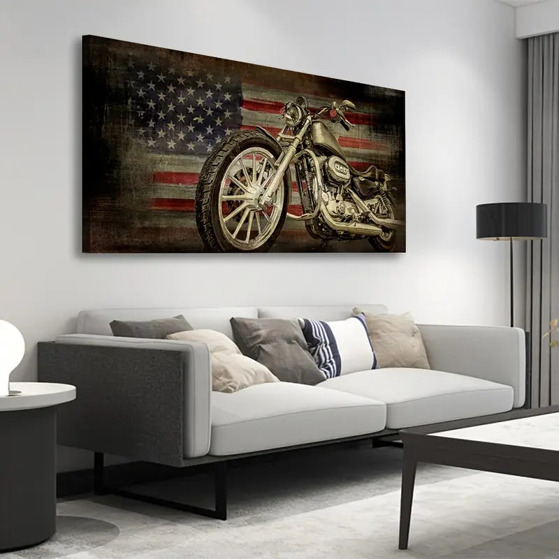 American Flag Retro Motorcycle Wall Art canvas office home room framed 120x60cm