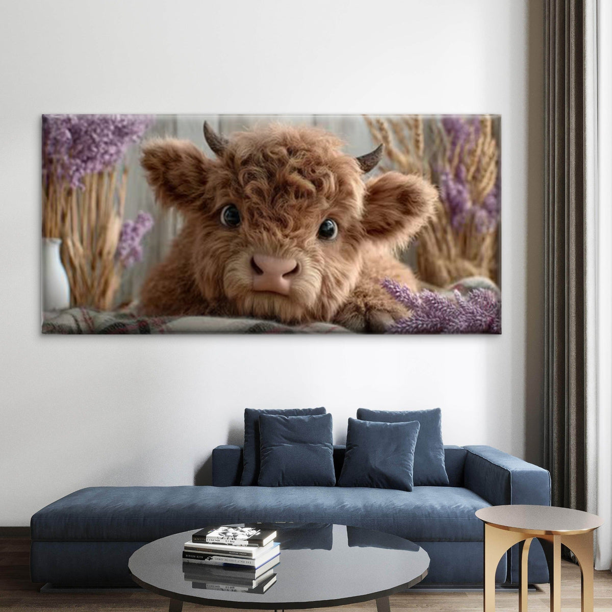 Cute Highland Cow with Purple Floral Wall Art Canvas Office Home Room Framed 80x45cm