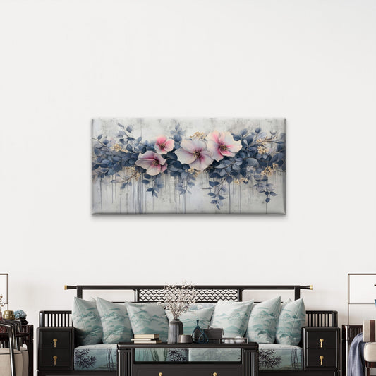 Abstract Pink Flower Blue Foliage Wall Art Canvas Office Home Framed 80x45cm