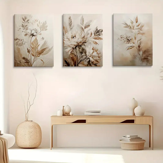 3pcs Bohemian Neutral Plant Beige Abstract Floral Metal Print Ready to Hang Art