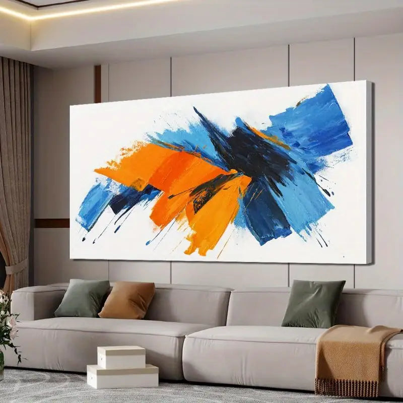 Abstract Vibrant Brushstrokes Blue White Yellow Wall Art canvas office home room framed 120x60cm
