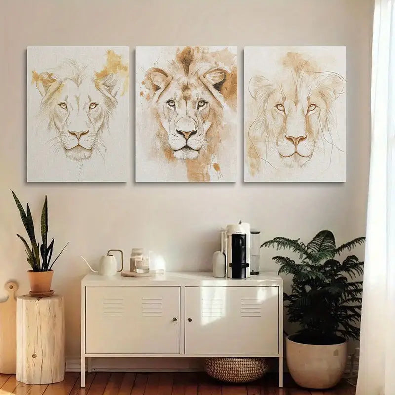 3pcs Lion & Tiger Line Art African Safari Animal Metal Print Ready to Hang Art
