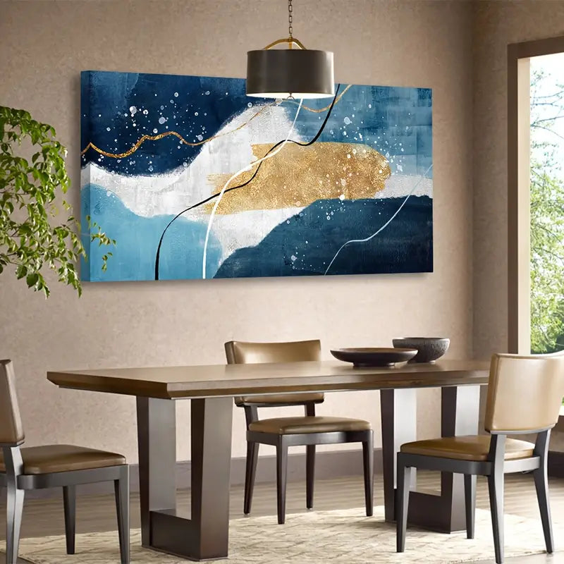 Blue Gold Abstract White Black Blue Lines Wall Art canvas office home room framed 120x60cm