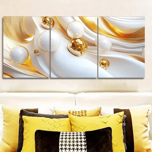 3pcs Featuring White And Golden Spheres Metal Print Ready to Hang Art