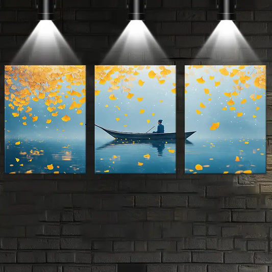 3pcs Tranquil Rowing Scene Blue Lake with Golden Leaves Metal Print Ready to Hang Art