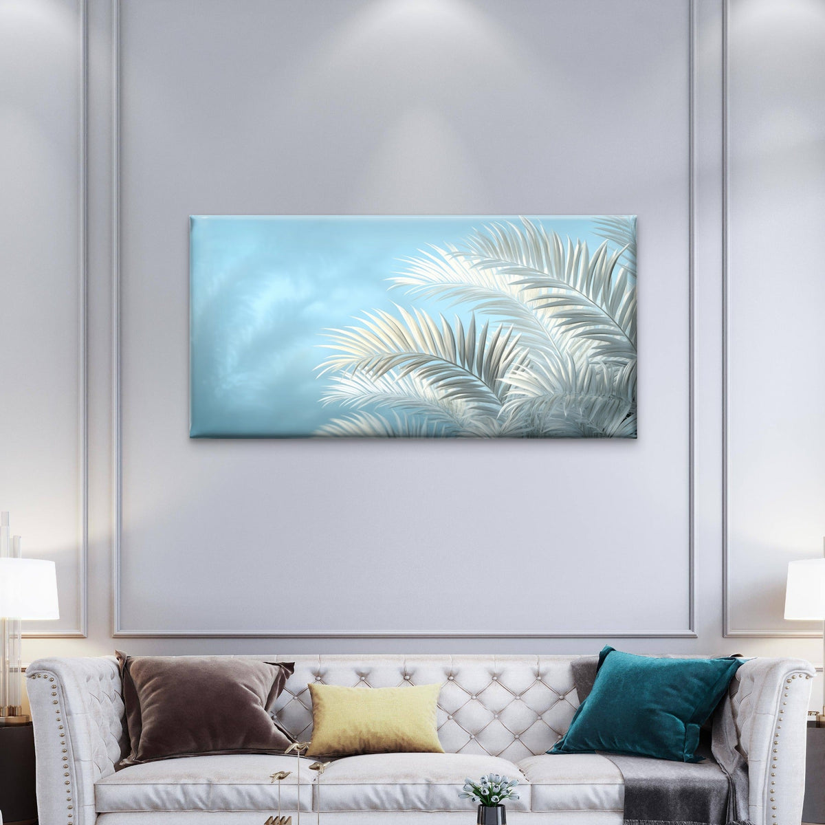White Palm Leaves Blue Sky Wall Art Canvas Office Home Room Framed 120x60cm